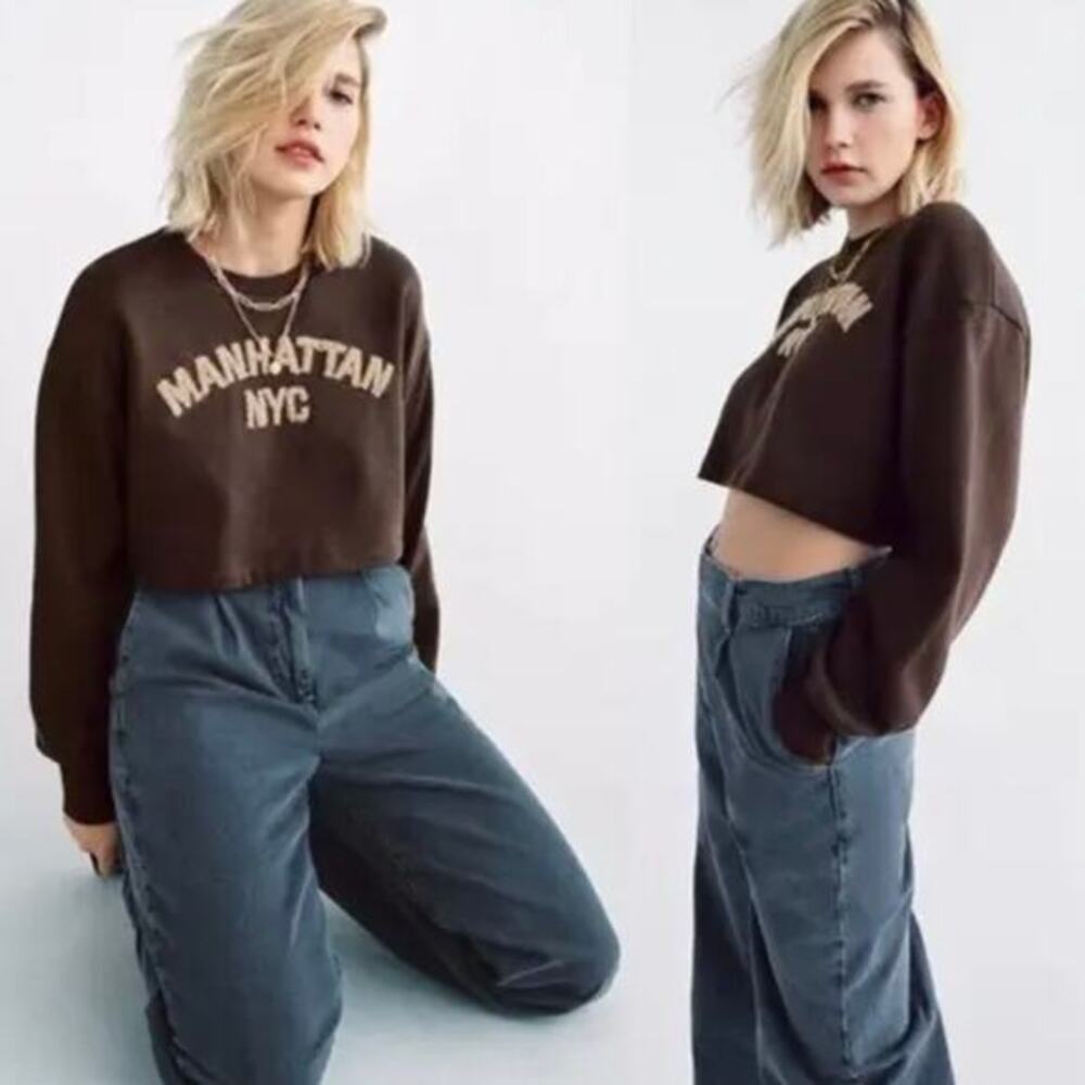 ZARA cropped Manhattan NYC brown sweatshirt sweater size Small